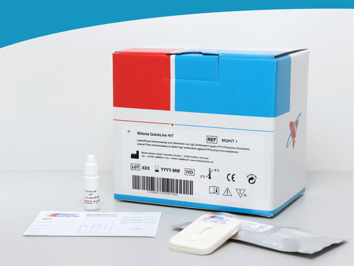 HIT_4_Milenia QuickLine HIT Test Kit HIT Schnelltest - Milenia QuickLine HIT Testkit (REF MQHIT 1) mit Systemkomponenten: Verpackung, Probenpuffer, Lateral-Flow-Testkassette, Evaluationskarte und Siegelbeutel.