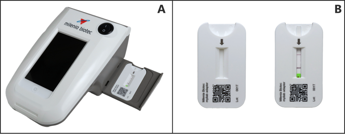 Figure 2 - Blogpost myilab research Area A - Lateral Flow reader with open drawer and Lateral Flow Cassette; Area B - Lateral Flow Cassettes