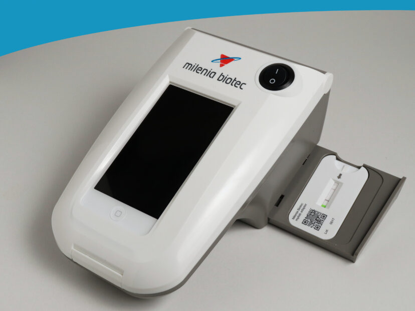 Lateral Flow reader myilab research with open drawer and Lateral Flow cassette