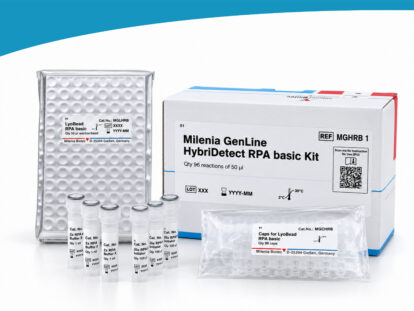 Product set of the Milenia GenLine HybriDetect RPA basic Kit including packaging box, LyoBead in a aluminium pouch, reaction and buffer vials, and caps.